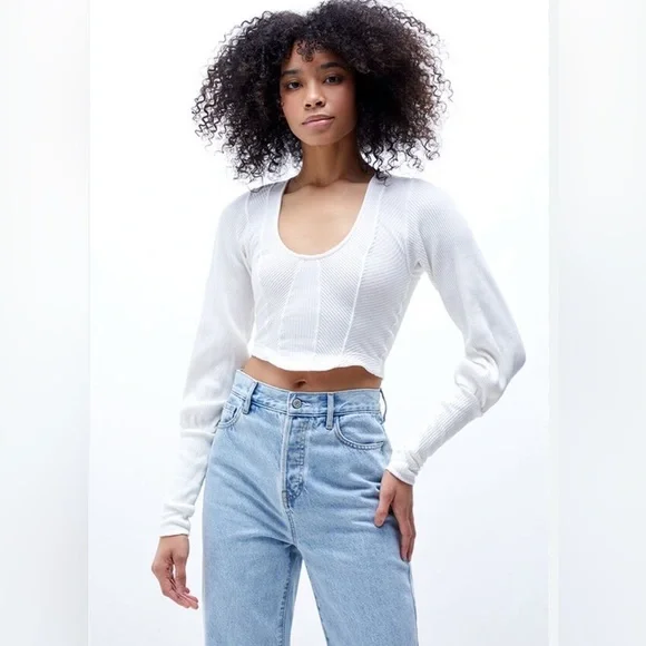 NWT Free People “Petra” long sleeve cotton seam detail white stretch crop top XS - Picture 1 of 3